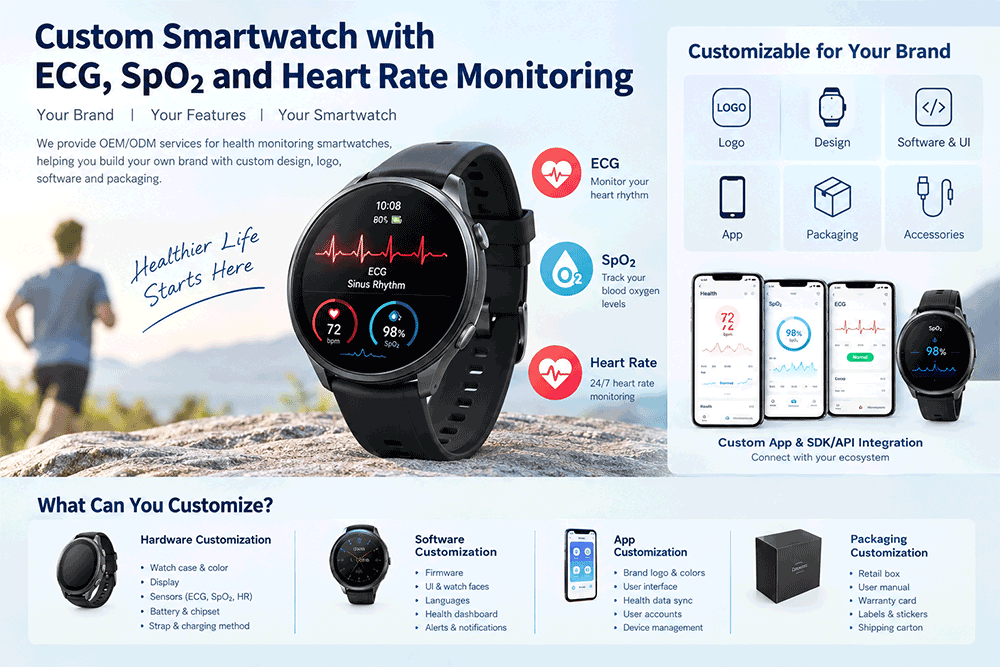 custom smartwatch with ECG, SpO₂ and heart rate monitoring